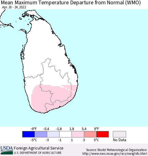 Sri Lanka Mean Maximum Temperature Departure from Normal (WMO) Thematic Map For 4/18/2022 - 4/24/2022