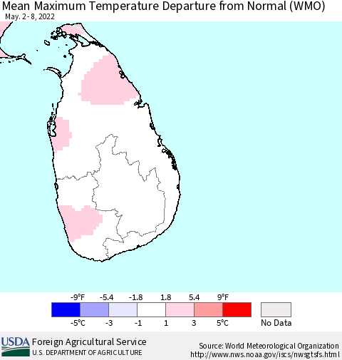 Sri Lanka Maximum Temperature Departure From Normal (WMO) Thematic Map For 5/2/2022 - 5/8/2022