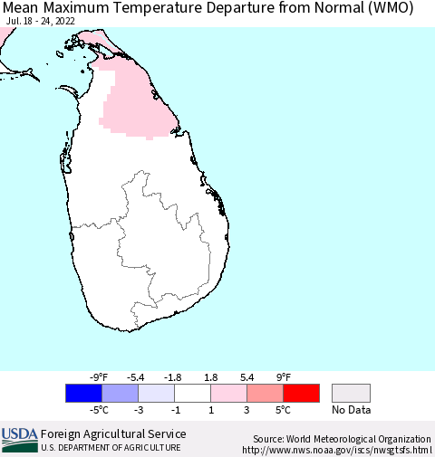 Sri Lanka Mean Maximum Temperature Departure from Normal (WMO) Thematic Map For 7/18/2022 - 7/24/2022