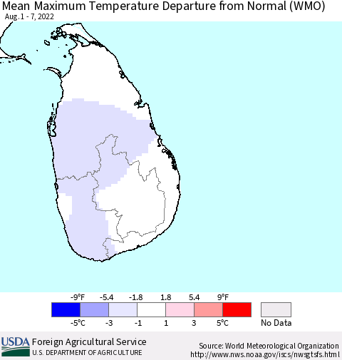 Sri Lanka Maximum Temperature Departure From Normal (WMO) Thematic Map For 8/1/2022 - 8/7/2022