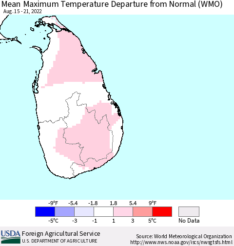 Sri Lanka Mean Maximum Temperature Departure from Normal (WMO) Thematic Map For 8/15/2022 - 8/21/2022