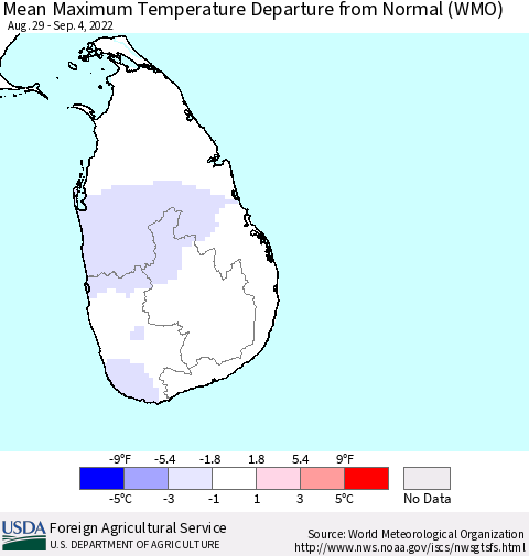 Sri Lanka Mean Maximum Temperature Departure from Normal (WMO) Thematic Map For 8/29/2022 - 9/4/2022