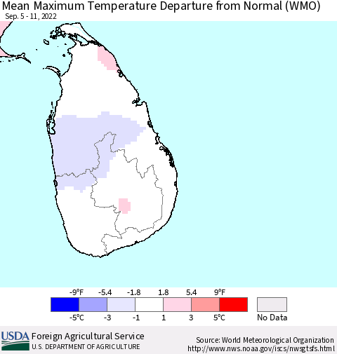 Sri Lanka Mean Maximum Temperature Departure from Normal (WMO) Thematic Map For 9/5/2022 - 9/11/2022