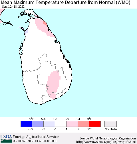 Sri Lanka Mean Maximum Temperature Departure from Normal (WMO) Thematic Map For 9/12/2022 - 9/18/2022