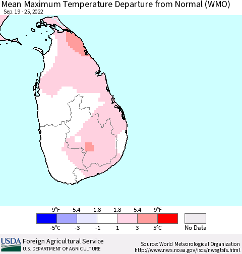 Sri Lanka Mean Maximum Temperature Departure from Normal (WMO) Thematic Map For 9/19/2022 - 9/25/2022