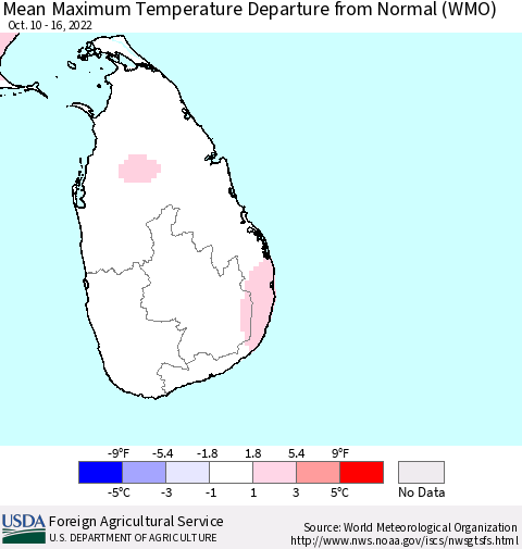 Sri Lanka Mean Maximum Temperature Departure from Normal (WMO) Thematic Map For 10/10/2022 - 10/16/2022