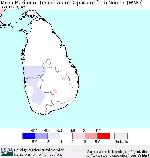 Sri Lanka Mean Maximum Temperature Departure from Normal (WMO) Thematic Map For 10/17/2022 - 10/23/2022