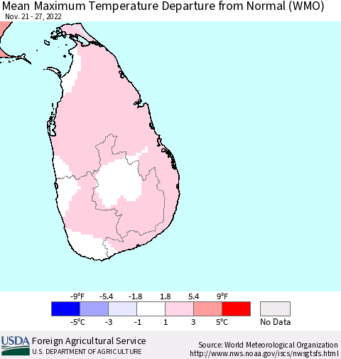 Sri Lanka Mean Maximum Temperature Departure from Normal (WMO) Thematic Map For 11/21/2022 - 11/27/2022