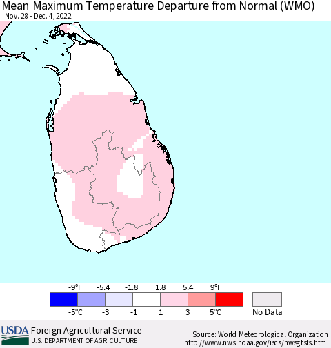 Sri Lanka Mean Maximum Temperature Departure from Normal (WMO) Thematic Map For 11/28/2022 - 12/4/2022