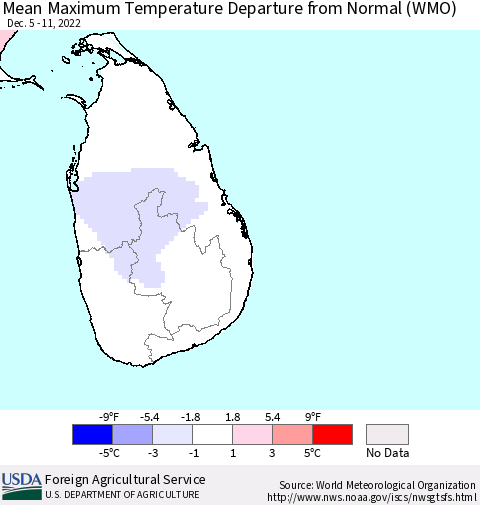 Sri Lanka Mean Maximum Temperature Departure from Normal (WMO) Thematic Map For 12/5/2022 - 12/11/2022
