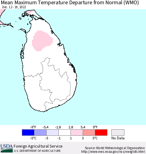 Sri Lanka Mean Maximum Temperature Departure from Normal (WMO) Thematic Map For 12/12/2022 - 12/18/2022