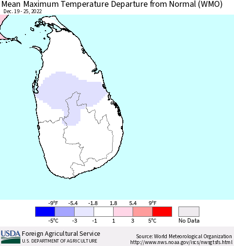 Sri Lanka Mean Maximum Temperature Departure from Normal (WMO) Thematic Map For 12/19/2022 - 12/25/2022