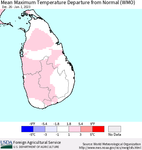 Sri Lanka Mean Maximum Temperature Departure from Normal (WMO) Thematic Map For 12/26/2022 - 1/1/2023