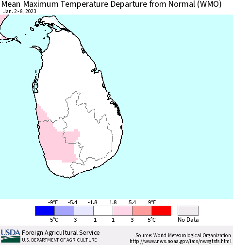 Sri Lanka Mean Maximum Temperature Departure from Normal (WMO) Thematic Map For 1/2/2023 - 1/8/2023