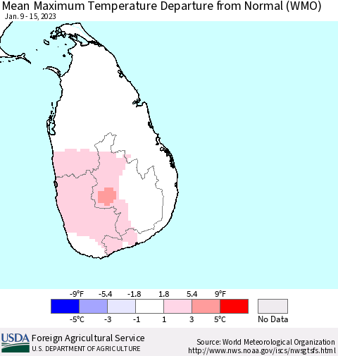 Sri Lanka Mean Maximum Temperature Departure from Normal (WMO) Thematic Map For 1/9/2023 - 1/15/2023