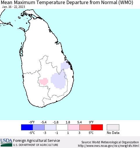 Sri Lanka Mean Maximum Temperature Departure from Normal (WMO) Thematic Map For 1/16/2023 - 1/22/2023