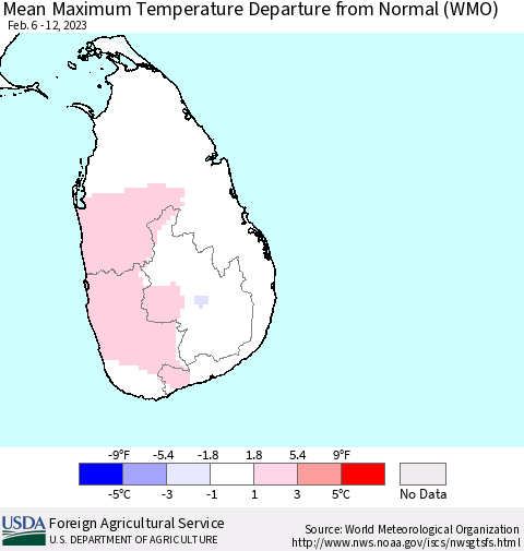 Sri Lanka Mean Maximum Temperature Departure from Normal (WMO) Thematic Map For 2/6/2023 - 2/12/2023