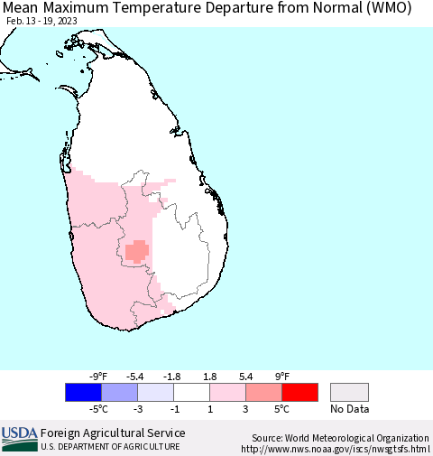 Sri Lanka Mean Maximum Temperature Departure from Normal (WMO) Thematic Map For 2/13/2023 - 2/19/2023