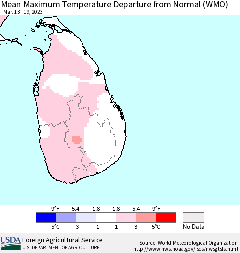 Sri Lanka Mean Maximum Temperature Departure from Normal (WMO) Thematic Map For 3/13/2023 - 3/19/2023
