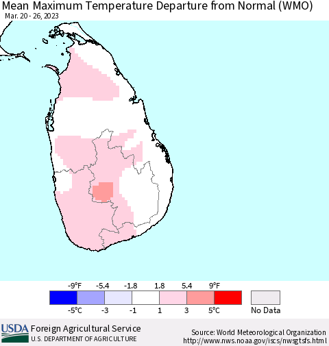 Sri Lanka Mean Maximum Temperature Departure from Normal (WMO) Thematic Map For 3/20/2023 - 3/26/2023