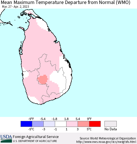 Sri Lanka Mean Maximum Temperature Departure from Normal (WMO) Thematic Map For 3/27/2023 - 4/2/2023