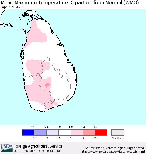 Sri Lanka Mean Maximum Temperature Departure from Normal (WMO) Thematic Map For 4/3/2023 - 4/9/2023