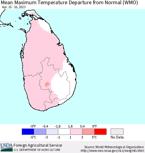 Sri Lanka Mean Maximum Temperature Departure from Normal (WMO) Thematic Map For 4/10/2023 - 4/16/2023
