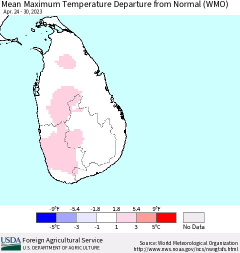 Sri Lanka Mean Maximum Temperature Departure from Normal (WMO) Thematic Map For 4/24/2023 - 4/30/2023