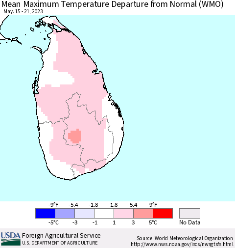Sri Lanka Mean Maximum Temperature Departure from Normal (WMO) Thematic Map For 5/15/2023 - 5/21/2023