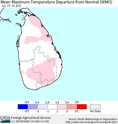 Sri Lanka Mean Maximum Temperature Departure from Normal (WMO) Thematic Map For 6/19/2023 - 6/25/2023