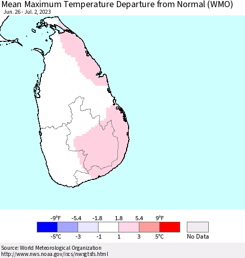 Sri Lanka Mean Maximum Temperature Departure from Normal (WMO) Thematic Map For 6/26/2023 - 7/2/2023