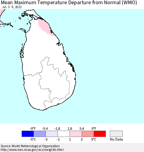 Sri Lanka Mean Maximum Temperature Departure from Normal (WMO) Thematic Map For 7/3/2023 - 7/9/2023