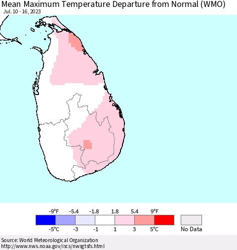 Sri Lanka Mean Maximum Temperature Departure from Normal (WMO) Thematic Map For 7/10/2023 - 7/16/2023