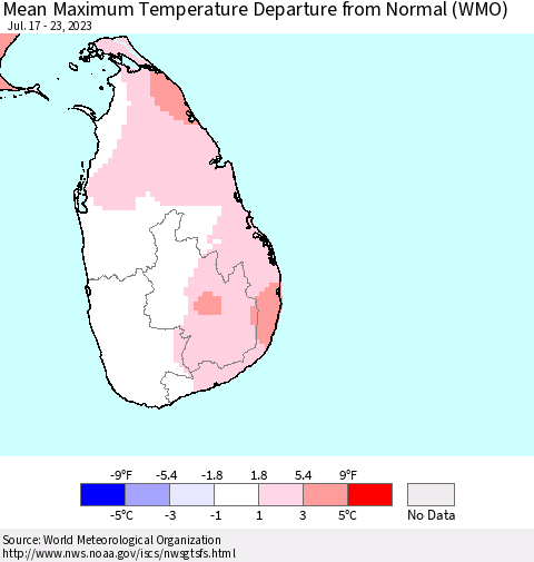 Sri Lanka Mean Maximum Temperature Departure from Normal (WMO) Thematic Map For 7/17/2023 - 7/23/2023