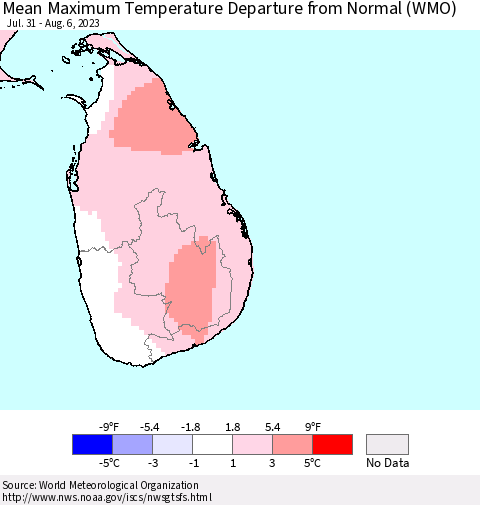 Sri Lanka Mean Maximum Temperature Departure from Normal (WMO) Thematic Map For 7/31/2023 - 8/6/2023