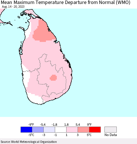 Sri Lanka Mean Maximum Temperature Departure from Normal (WMO) Thematic Map For 8/14/2023 - 8/20/2023