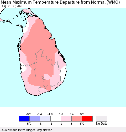 Sri Lanka Mean Maximum Temperature Departure from Normal (WMO) Thematic Map For 8/21/2023 - 8/27/2023