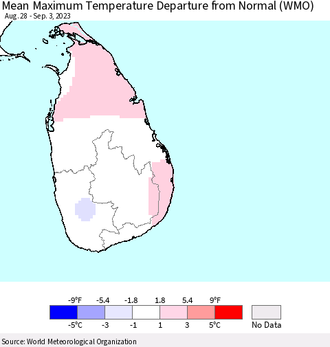 Sri Lanka Mean Maximum Temperature Departure from Normal (WMO) Thematic Map For 8/28/2023 - 9/3/2023