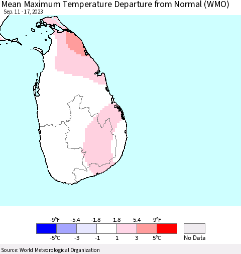 Sri Lanka Mean Maximum Temperature Departure from Normal (WMO) Thematic Map For 9/11/2023 - 9/17/2023