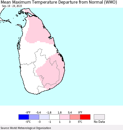 Sri Lanka Mean Maximum Temperature Departure from Normal (WMO) Thematic Map For 9/18/2023 - 9/24/2023