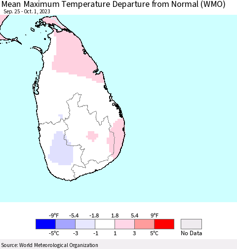 Sri Lanka Mean Maximum Temperature Departure from Normal (WMO) Thematic Map For 9/25/2023 - 10/1/2023
