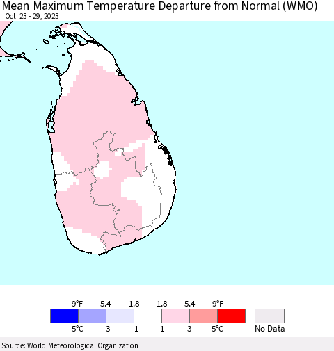 Sri Lanka Mean Maximum Temperature Departure from Normal (WMO) Thematic Map For 10/23/2023 - 10/29/2023