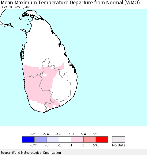 Sri Lanka Mean Maximum Temperature Departure from Normal (WMO) Thematic Map For 10/30/2023 - 11/5/2023