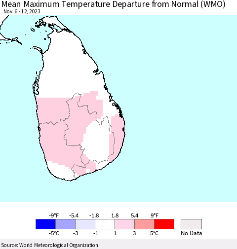 Sri Lanka Mean Maximum Temperature Departure from Normal (WMO) Thematic Map For 11/6/2023 - 11/12/2023