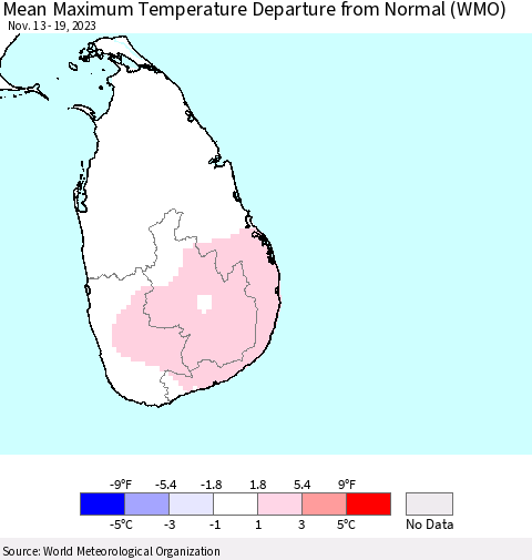 Sri Lanka Mean Maximum Temperature Departure from Normal (WMO) Thematic Map For 11/13/2023 - 11/19/2023