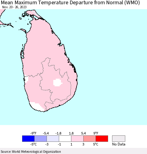 Sri Lanka Mean Maximum Temperature Departure from Normal (WMO) Thematic Map For 11/20/2023 - 11/26/2023