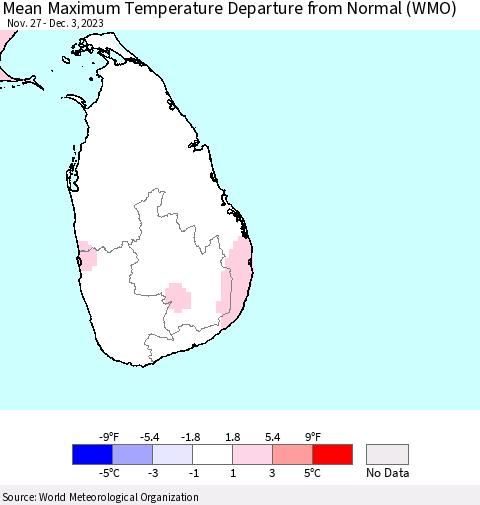 Sri Lanka Mean Maximum Temperature Departure from Normal (WMO) Thematic Map For 11/27/2023 - 12/3/2023