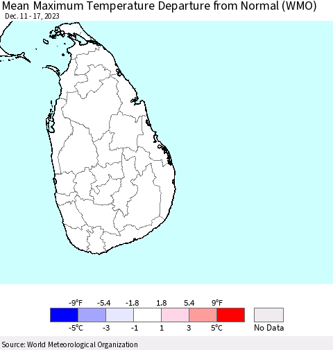 Sri Lanka Mean Maximum Temperature Departure from Normal (WMO) Thematic Map For 12/11/2023 - 12/17/2023