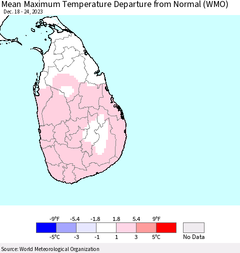 Sri Lanka Mean Maximum Temperature Departure from Normal (WMO) Thematic Map For 12/18/2023 - 12/24/2023
