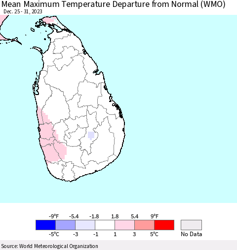 Sri Lanka Mean Maximum Temperature Departure from Normal (WMO) Thematic Map For 12/25/2023 - 12/31/2023